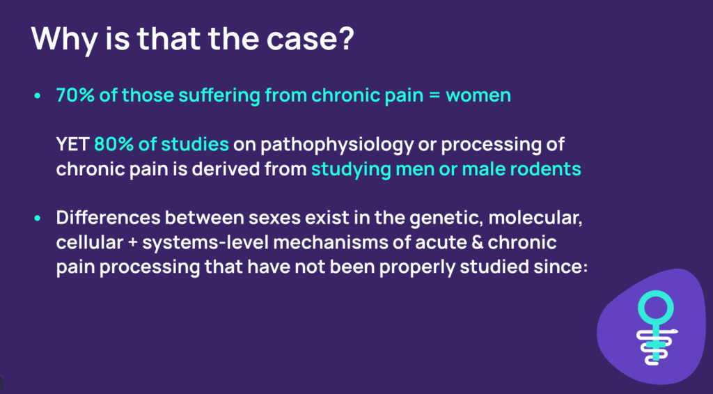 70% of those suffering from chronic pain are women yet 80% of studies on pathophysiology or processing of chronic pain is derived from studying men or male rodents. Differences between sexes exist in the genetic, molecular, cellular and systems-level mechanisms of acute and chronic pain processing that have not been properly studied in women